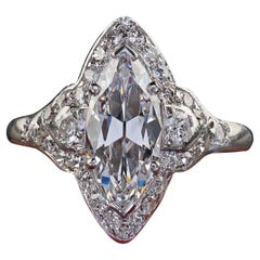 Antique Art Deco Platinum Old Cut Marquise Diamond Halo Engagement Ring - GIA