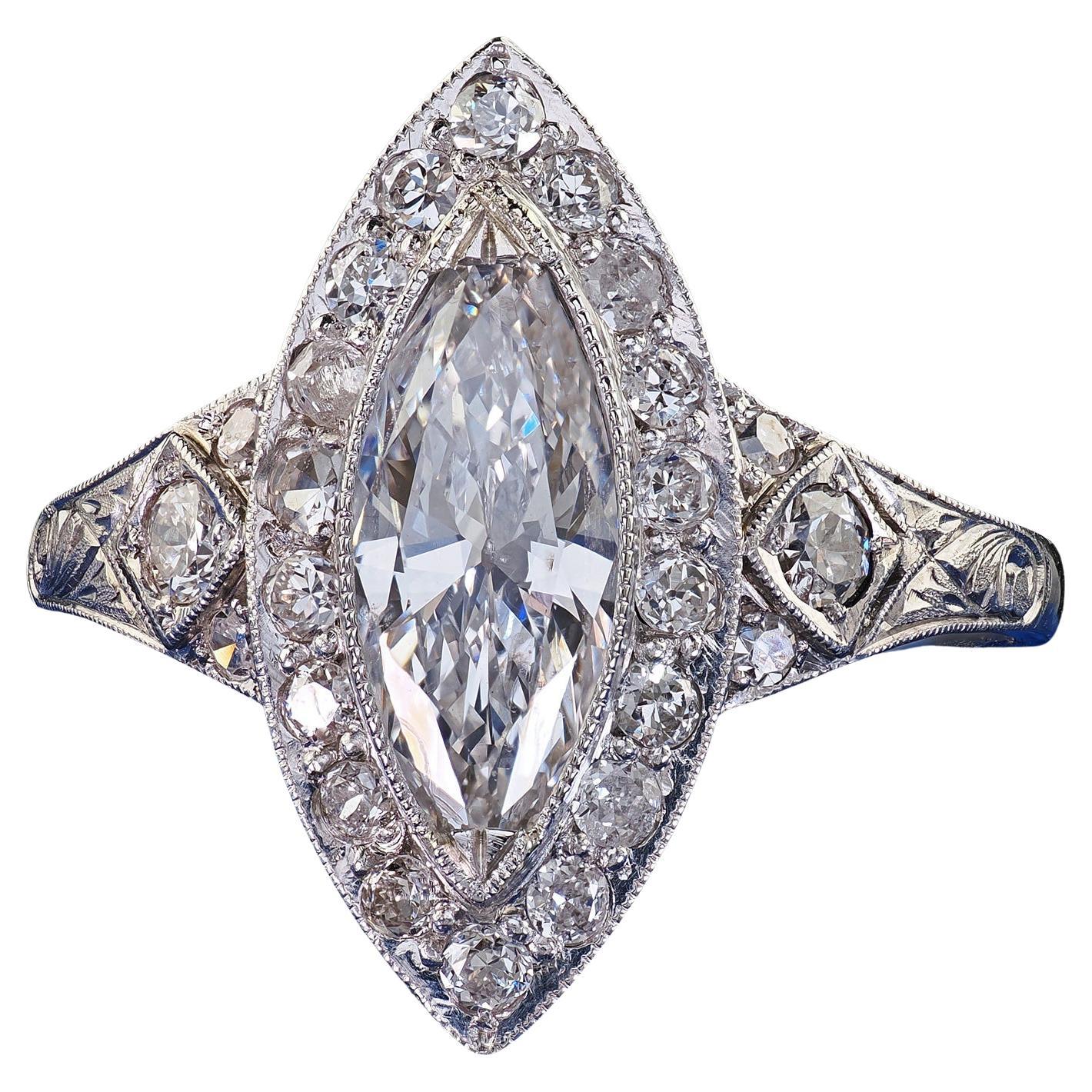 Antique Art Deco Platinum Old Cut Marquise Diamond Halo Engagement Ring - GIA