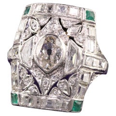 Antique Art Deco Platinum Old Cut Pear and Carre Cut Diamond Shield Ring