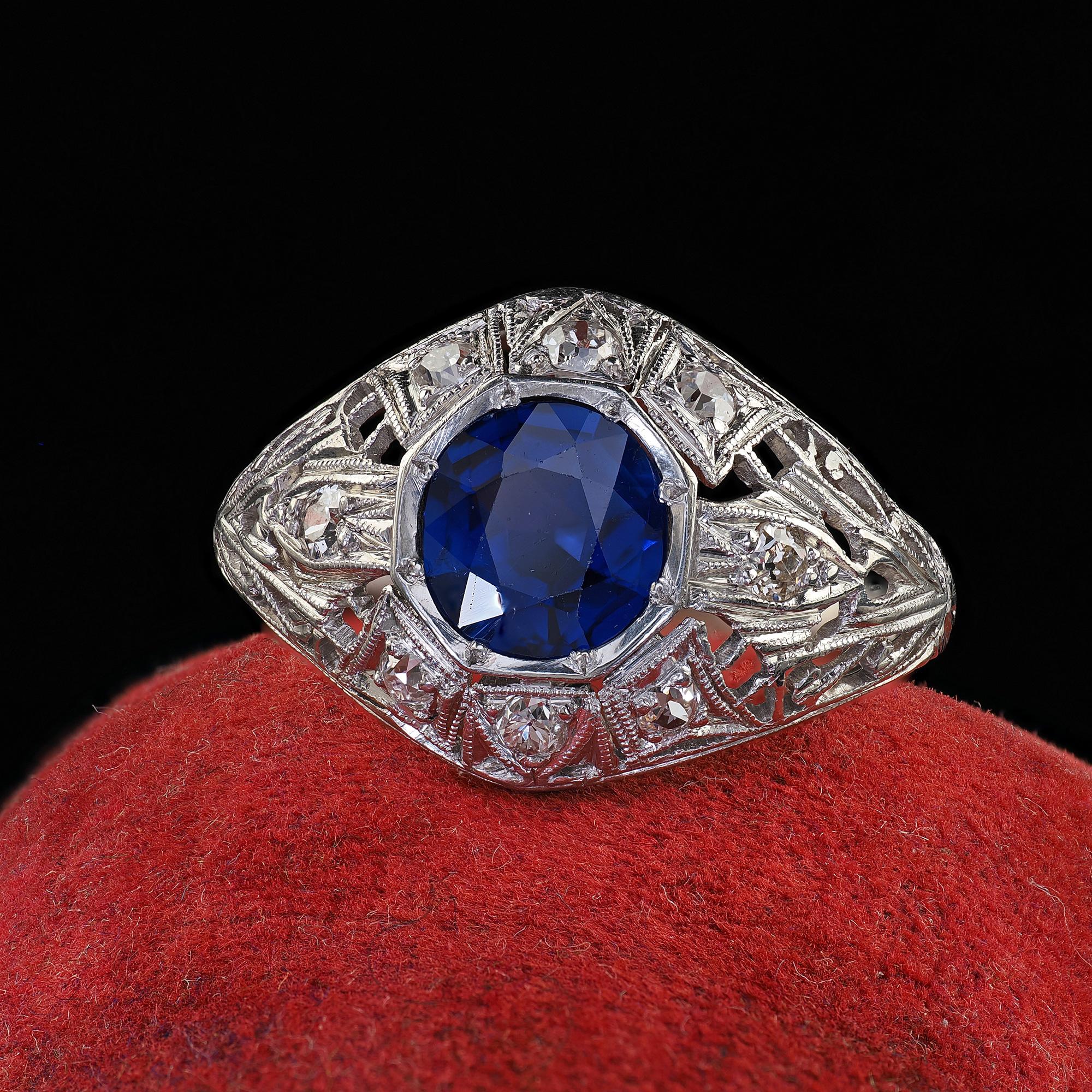 Beautiful Antique Art Deco Platinum Old Cut Sapphire No Heat Diamond Engagement Ring - GIA. This gorgeous antique Art Deco no heat sapphire engagement ring is crafted in platinum. This ring features a gorgeous no heat natural blue sapphire that