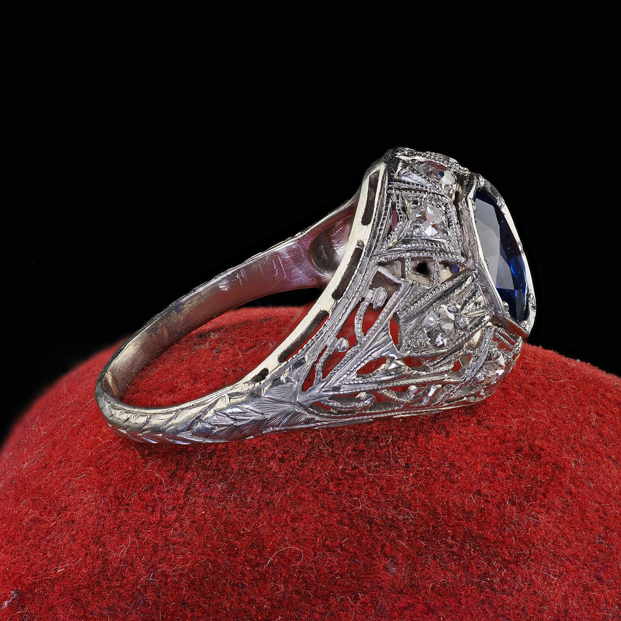 Antique Art Deco Platinum Old Cut Sapphire No Heat Diamond Engagement Ring - GIA In Good Condition For Sale In Great Neck, NY