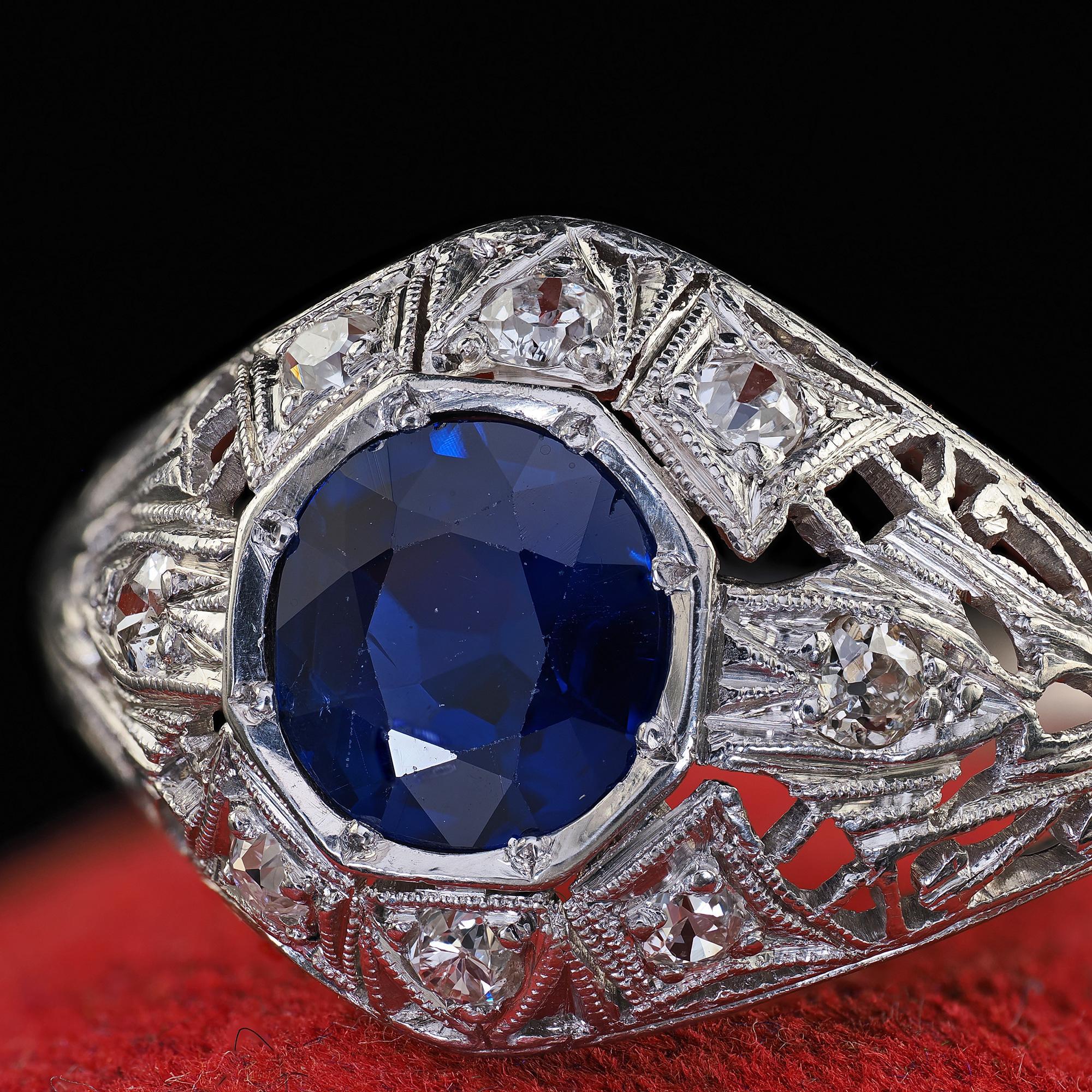 Antique Art Deco Platinum Old Cut Sapphire No Heat Diamond Engagement Ring - GIA For Sale 1