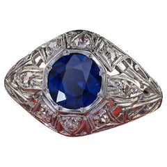 Antique Art Deco Platinum Old Cut Sapphire No Heat Diamond Engagement Ring - GIA
