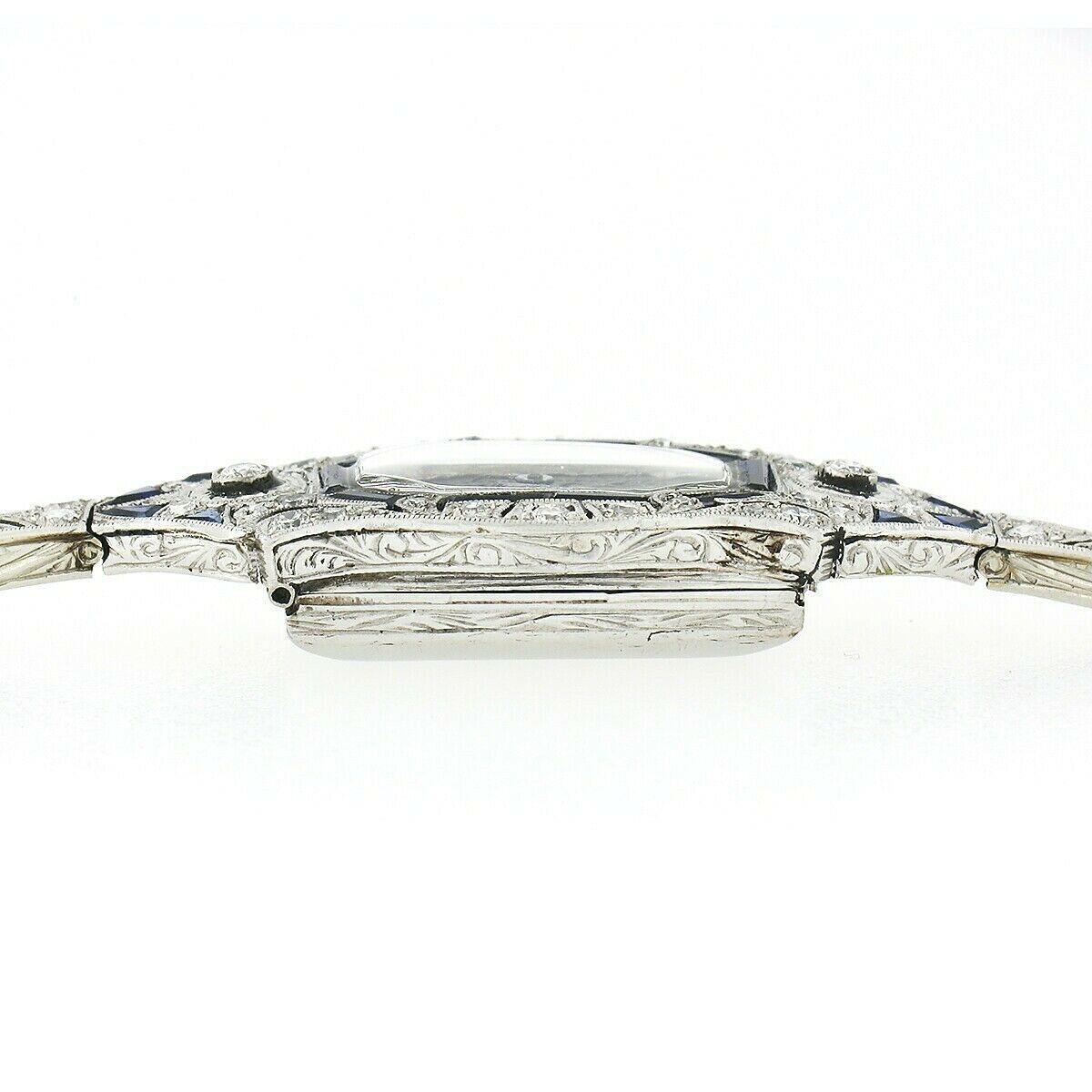 Antique Art Deco Platinum Old Diamond Calibre Cut Sapphire Dress Watch Bracelet In Good Condition In Montclair, NJ