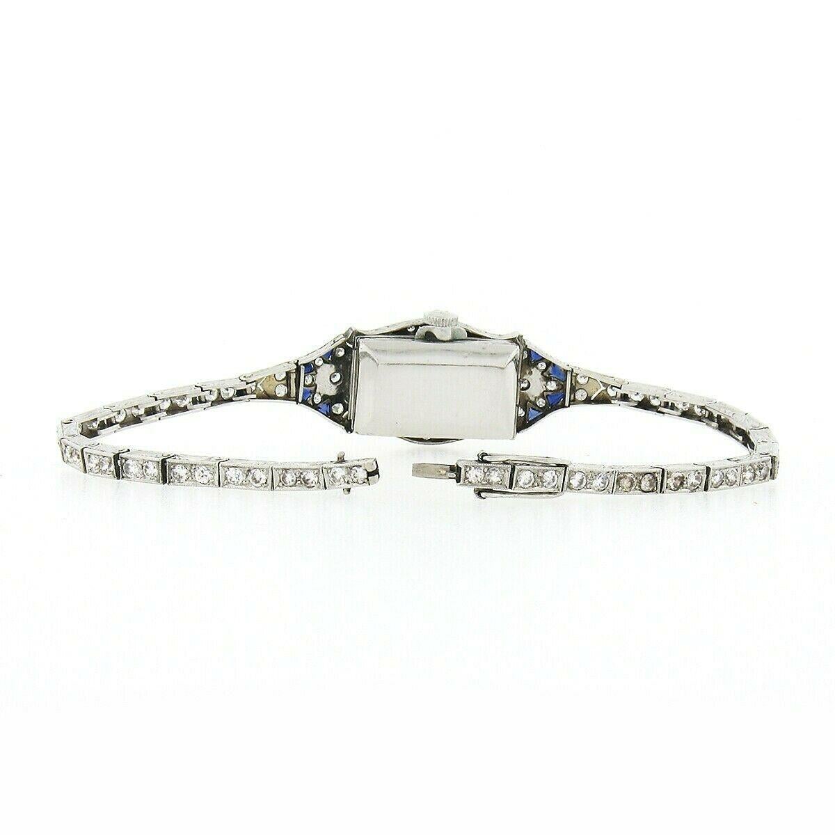 Antique Art Deco Platinum Old Diamond Calibre Cut Sapphire Dress Watch Bracelet 1