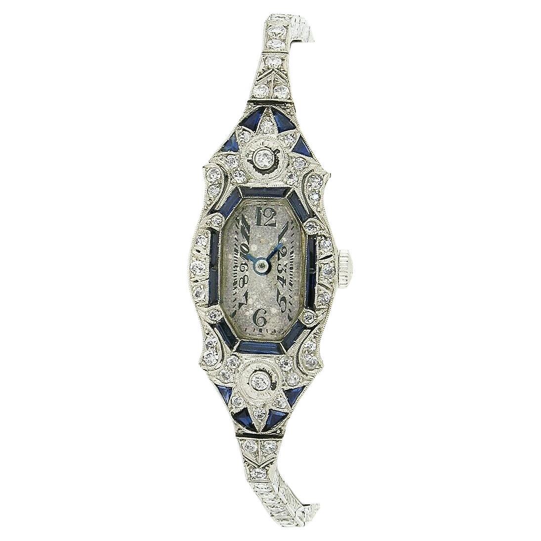 Antique Art Deco Platinum Old Diamond Calibre Cut Sapphire Dress Watch Bracelet