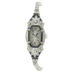 Antique Art Deco Platinum Old Diamond Calibre Cut Sapphire Dress Watch Bracelet