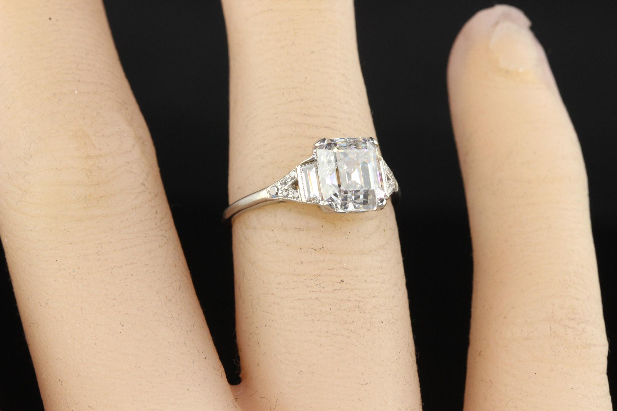 Antique Art Deco Platinum Old Emerald Cut Diamond Baguette Engagement Ring - GIA For Sale 2