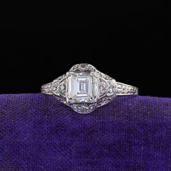Antique Art Deco Platinum Old Emerald Cut Diamond Engagement Ring - GIA