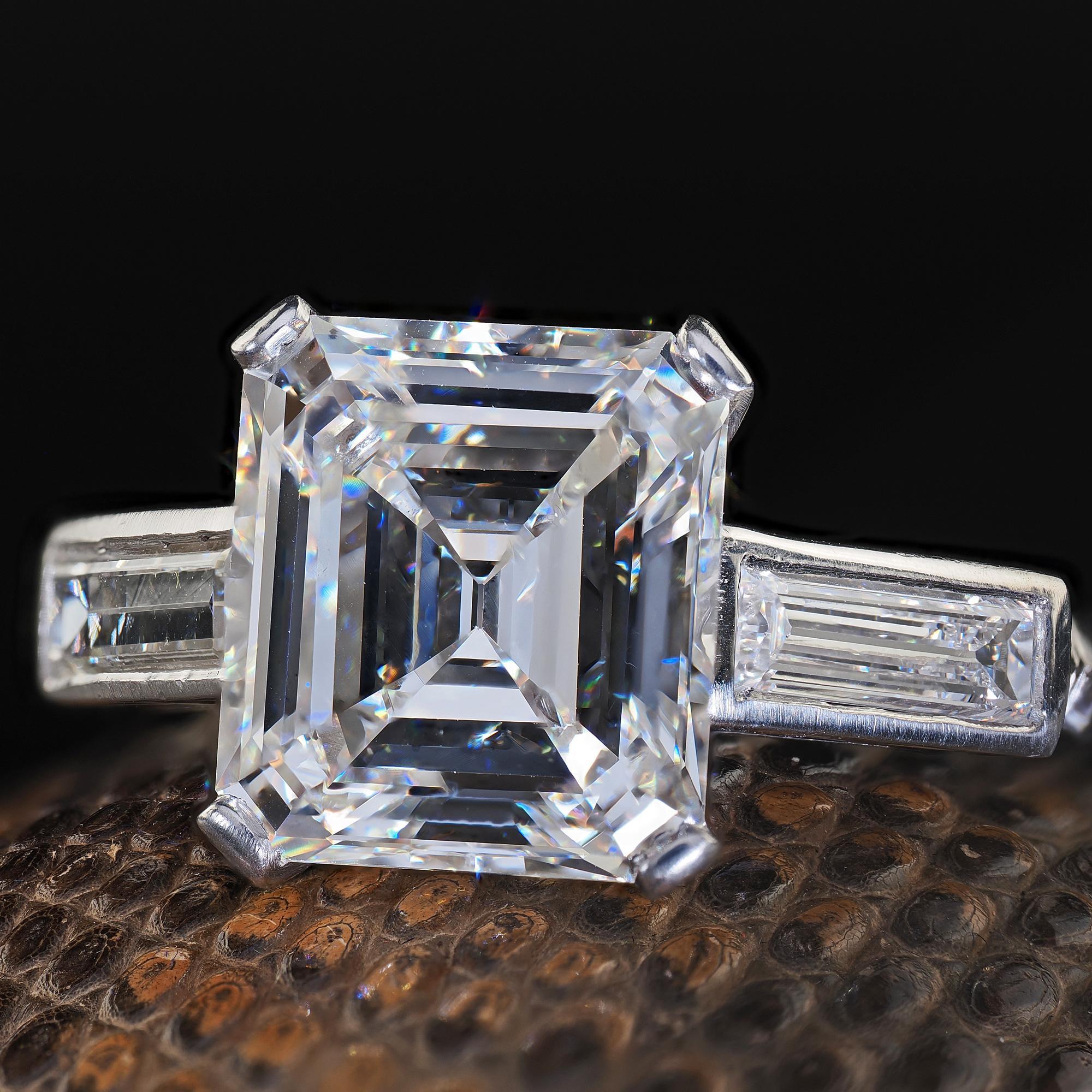 Antique Art Deco Platinum Old Emerald Cut Diamond Engagement Ring - GIA For Sale 2