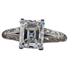 Bague de fiançailles Art déco ancienne en platine avec diamant taille émeraude ancienne, certifié GIA