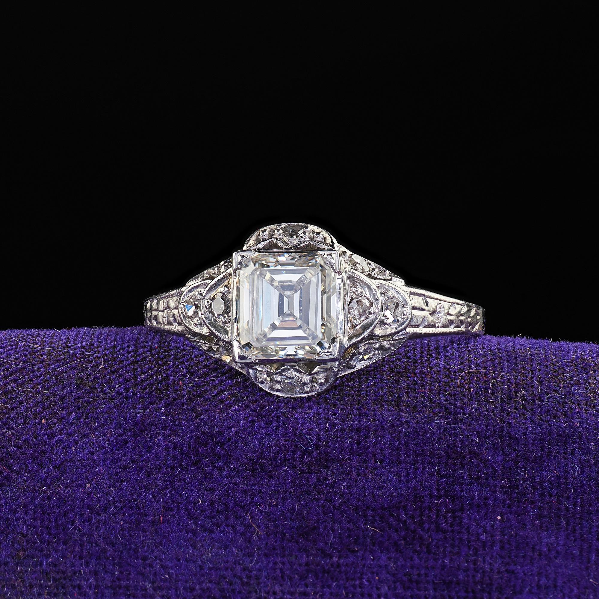 Antique Art Deco Platinum Old Emerald Cut Diamond Engagement Ring - GIA For Sale