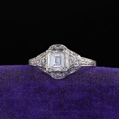 Antique Art Deco Platinum Old Emerald Cut Diamond Engagement Ring - GIA