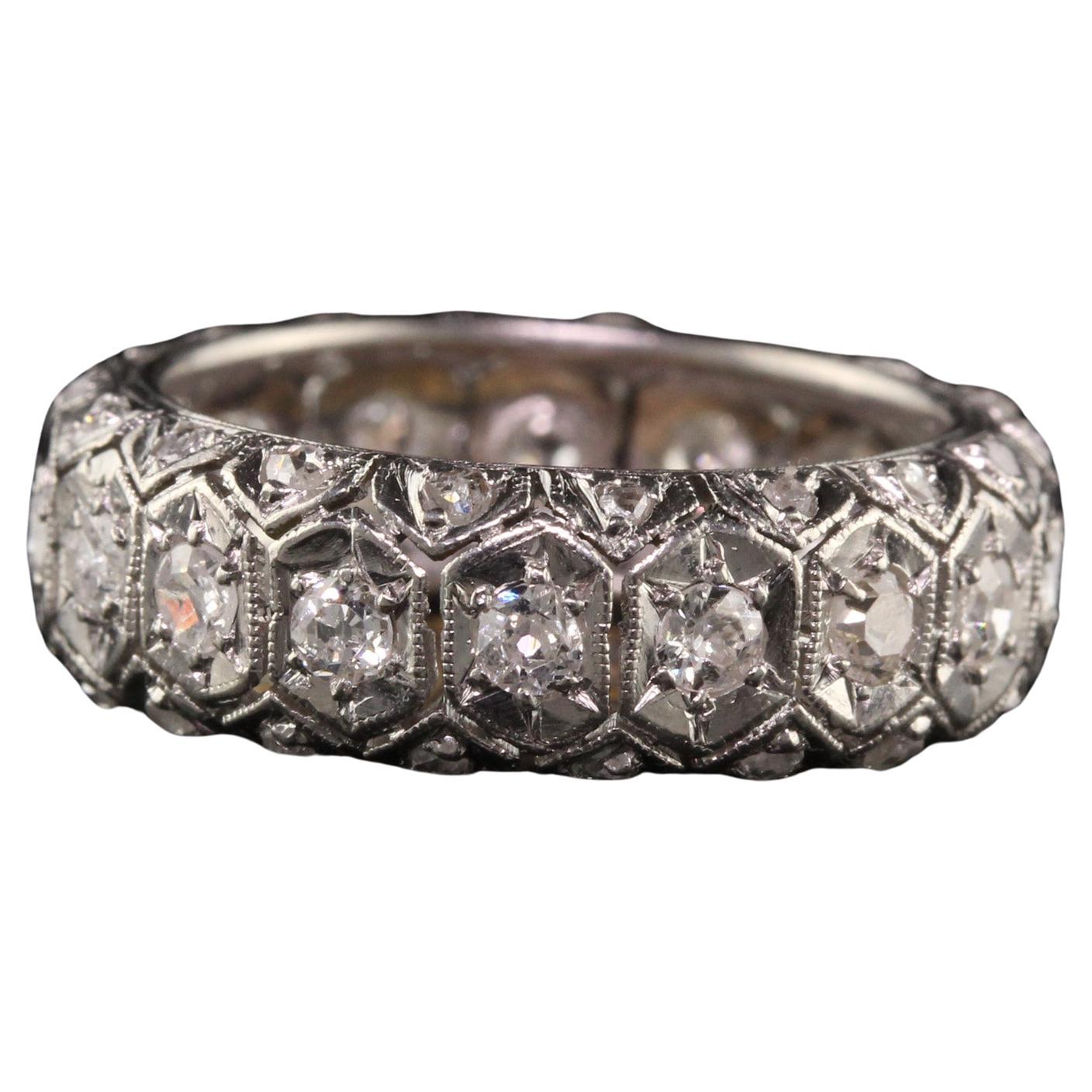 Antique Art Deco Platinum Old Euro and Rose Cut Three Row Eternity Band For Sale