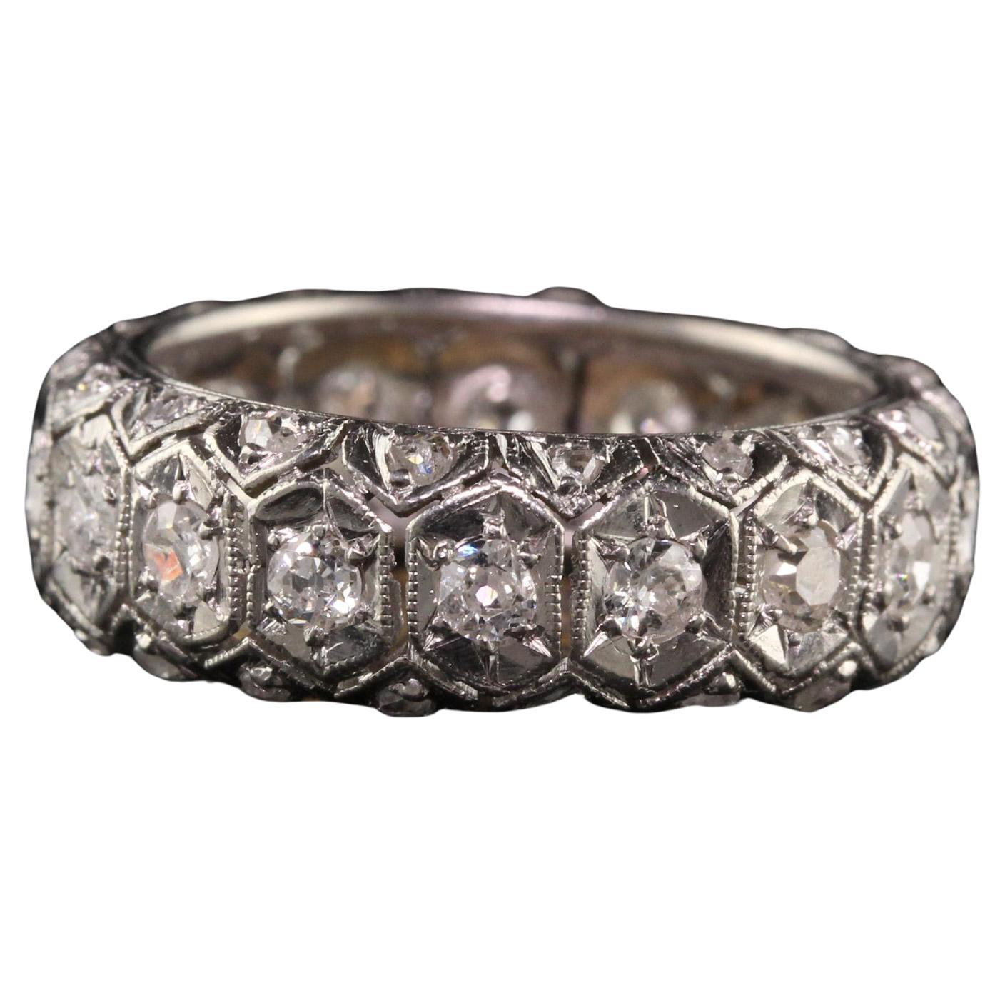 Antique Art Deco Platinum Old Euro and Rose Cut Three Row Eternity Band