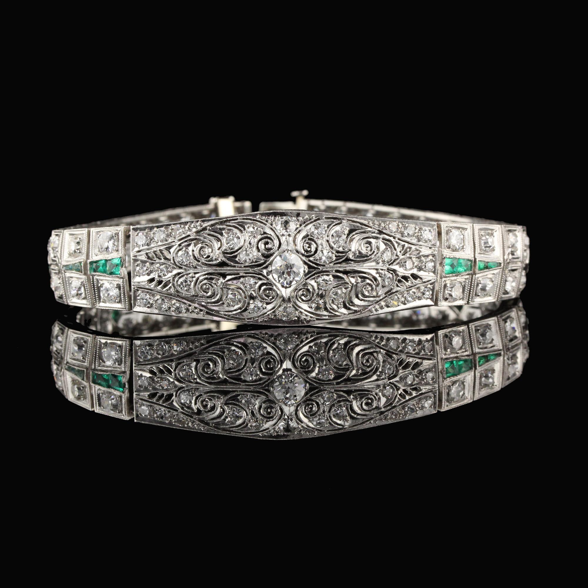 Old European Cut Antique Art Deco Platinum Old Euro Cut Diamond and Emerald Bracelet For Sale