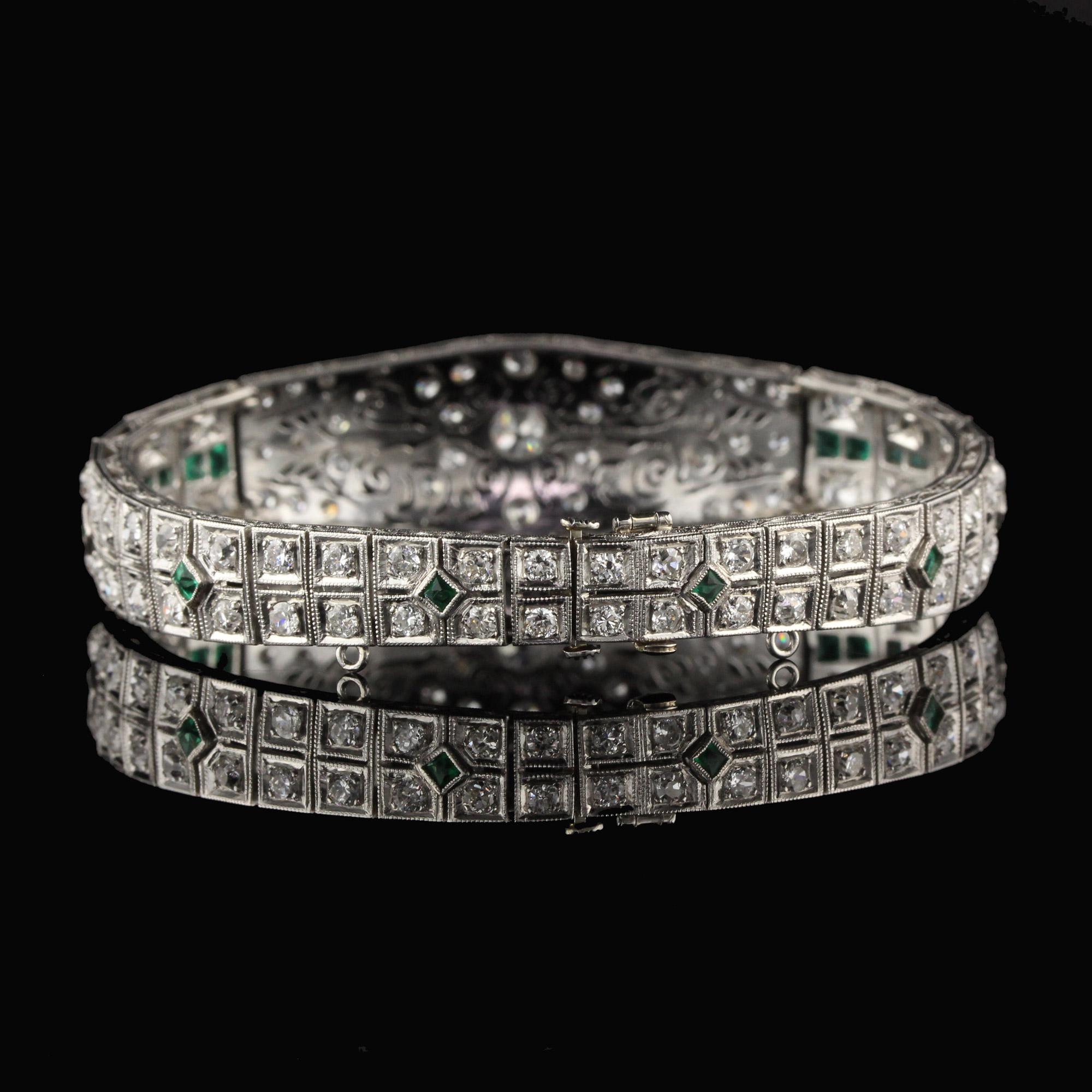 Women's Antique Art Deco Platinum Old Euro Cut Diamond and Emerald Bracelet For Sale