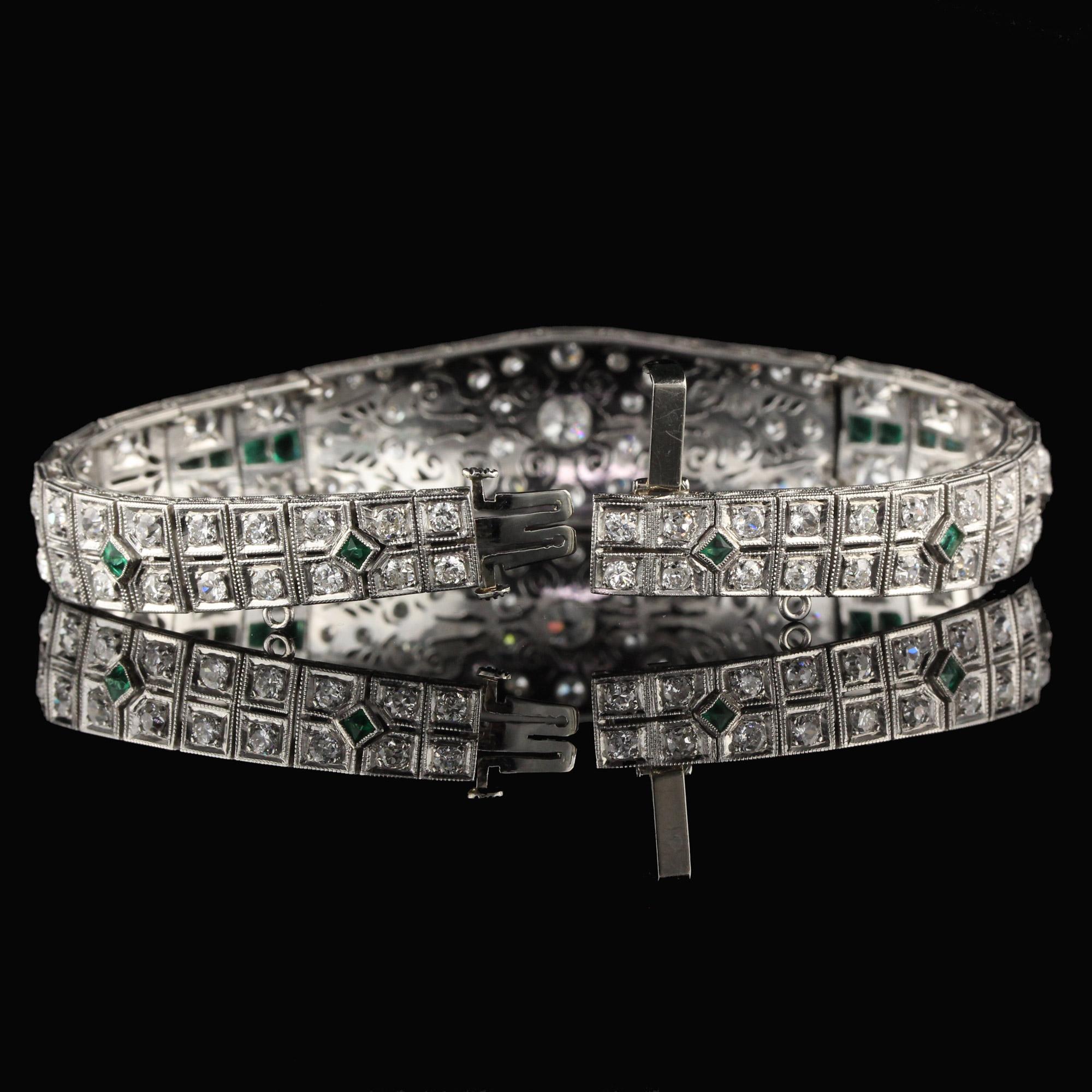 Antique Art Deco Platinum Old Euro Cut Diamond and Emerald Bracelet For Sale 1