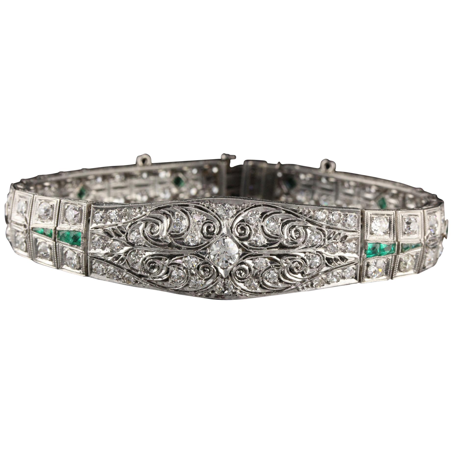 Antique Art Deco Platinum Old Euro Cut Diamond and Emerald Bracelet For Sale