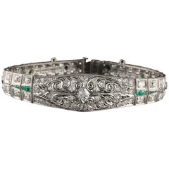 Antique Art Deco Platinum Old Euro Cut Diamond and Emerald Bracelet