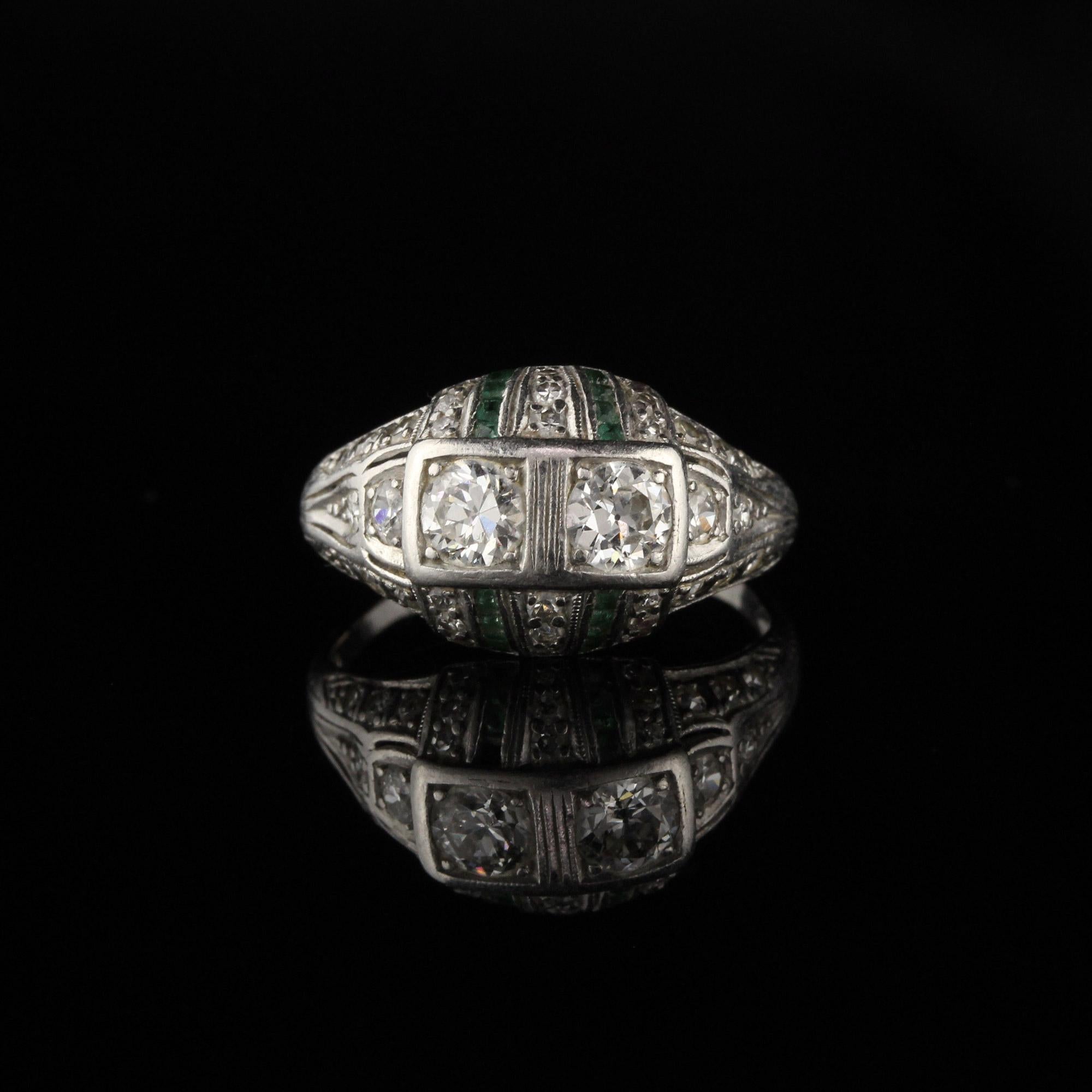Old European Cut Antique Art Deco Platinum Old Euro Cut Diamond and Emerald Engagement Ring
