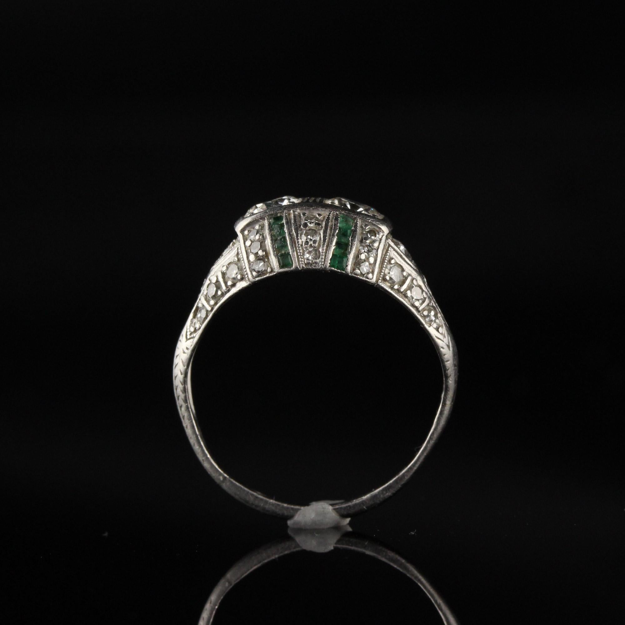 Women's Antique Art Deco Platinum Old Euro Cut Diamond and Emerald Engagement Ring