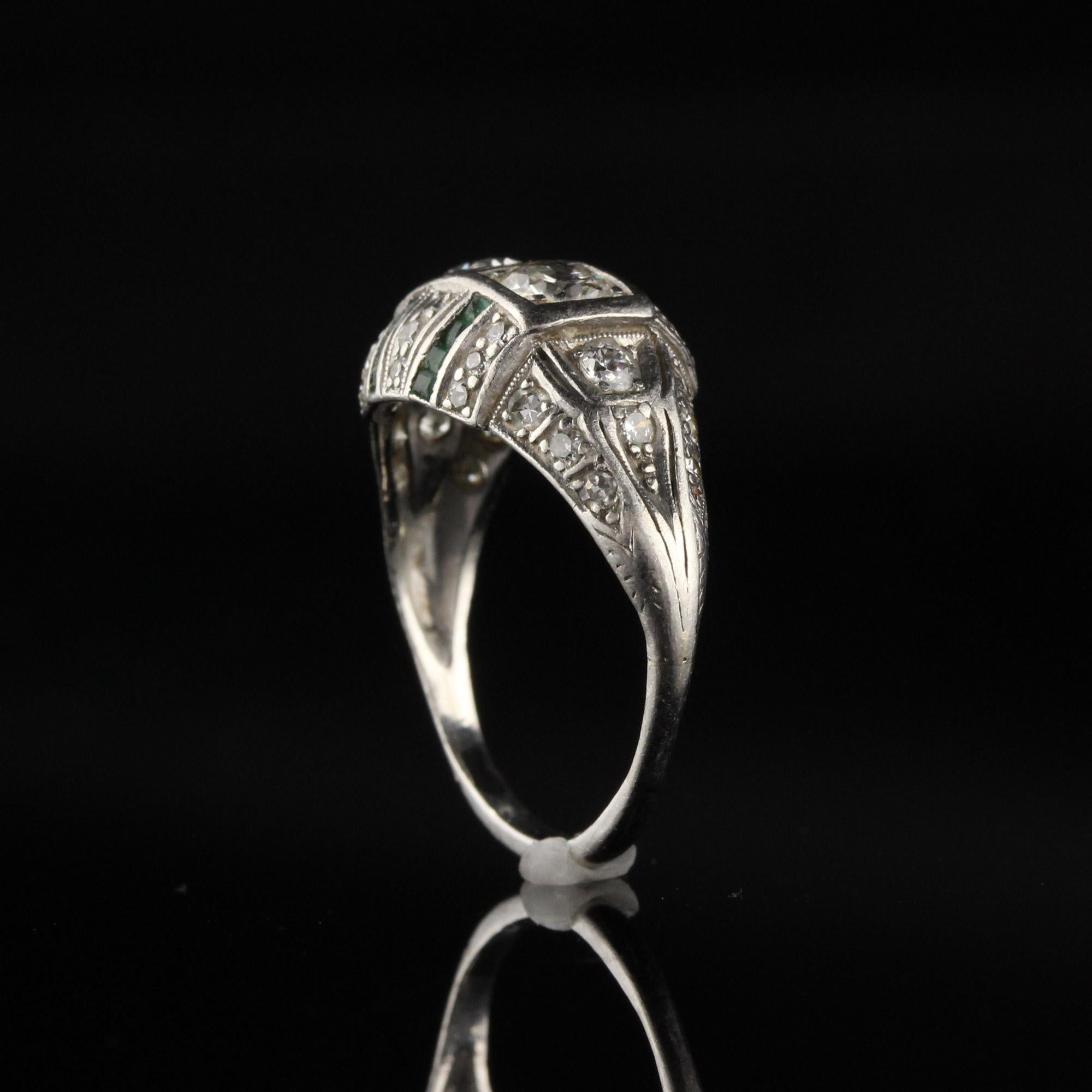 Antique Art Deco Platinum Old Euro Cut Diamond and Emerald Engagement Ring 1
