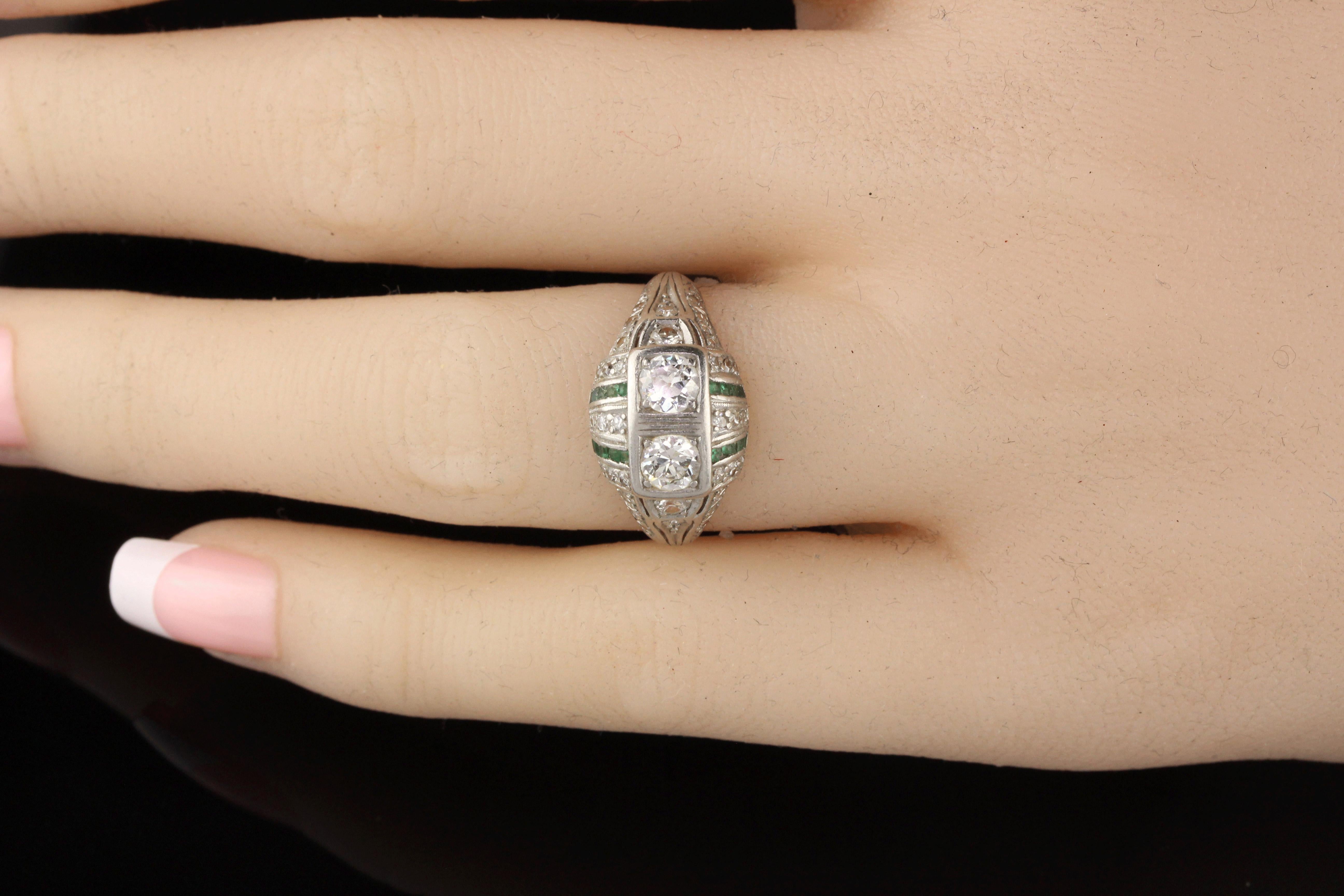 Antique Art Deco Platinum Old Euro Cut Diamond and Emerald Engagement Ring 2