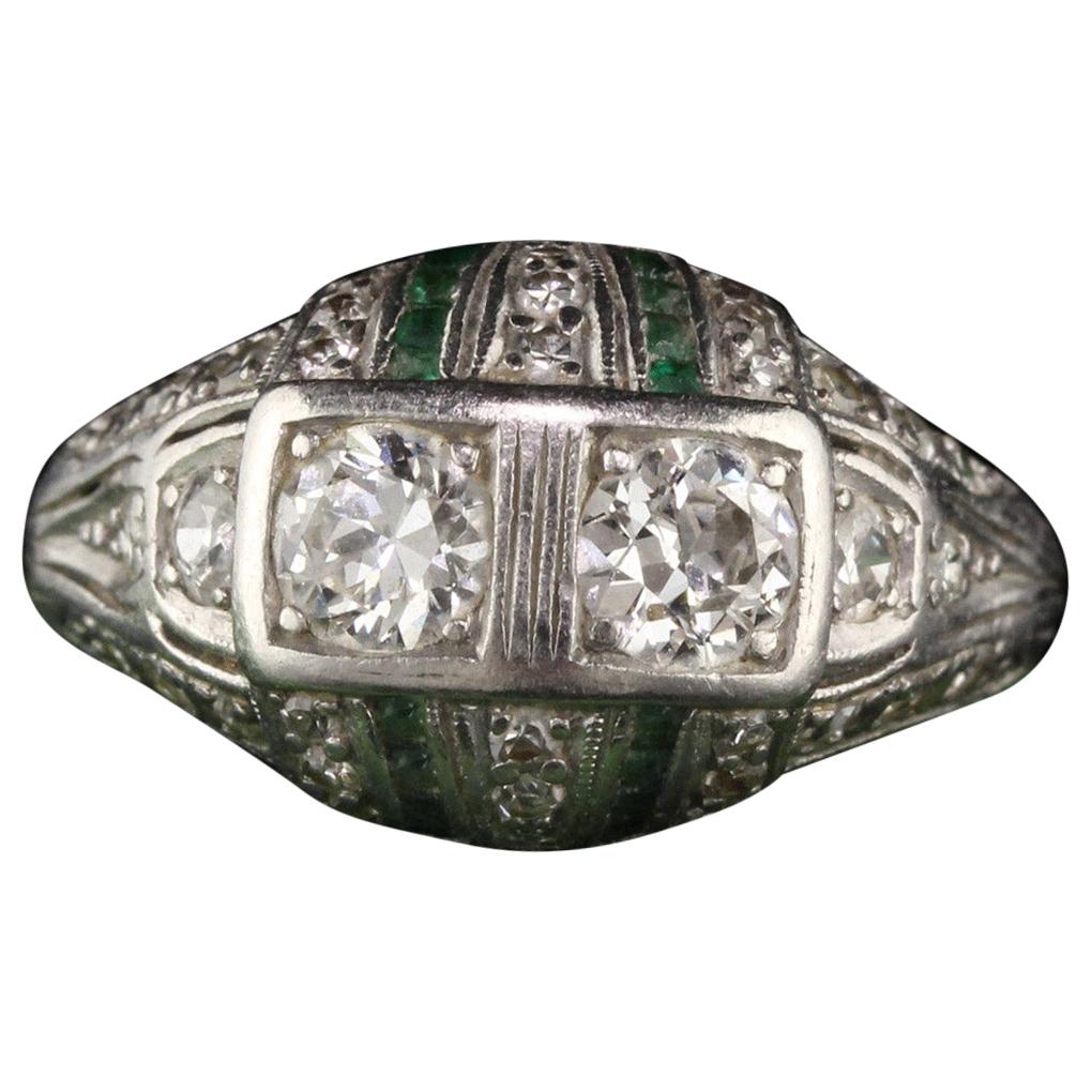 Antique Art Deco Platinum Old Euro Cut Diamond and Emerald Engagement Ring