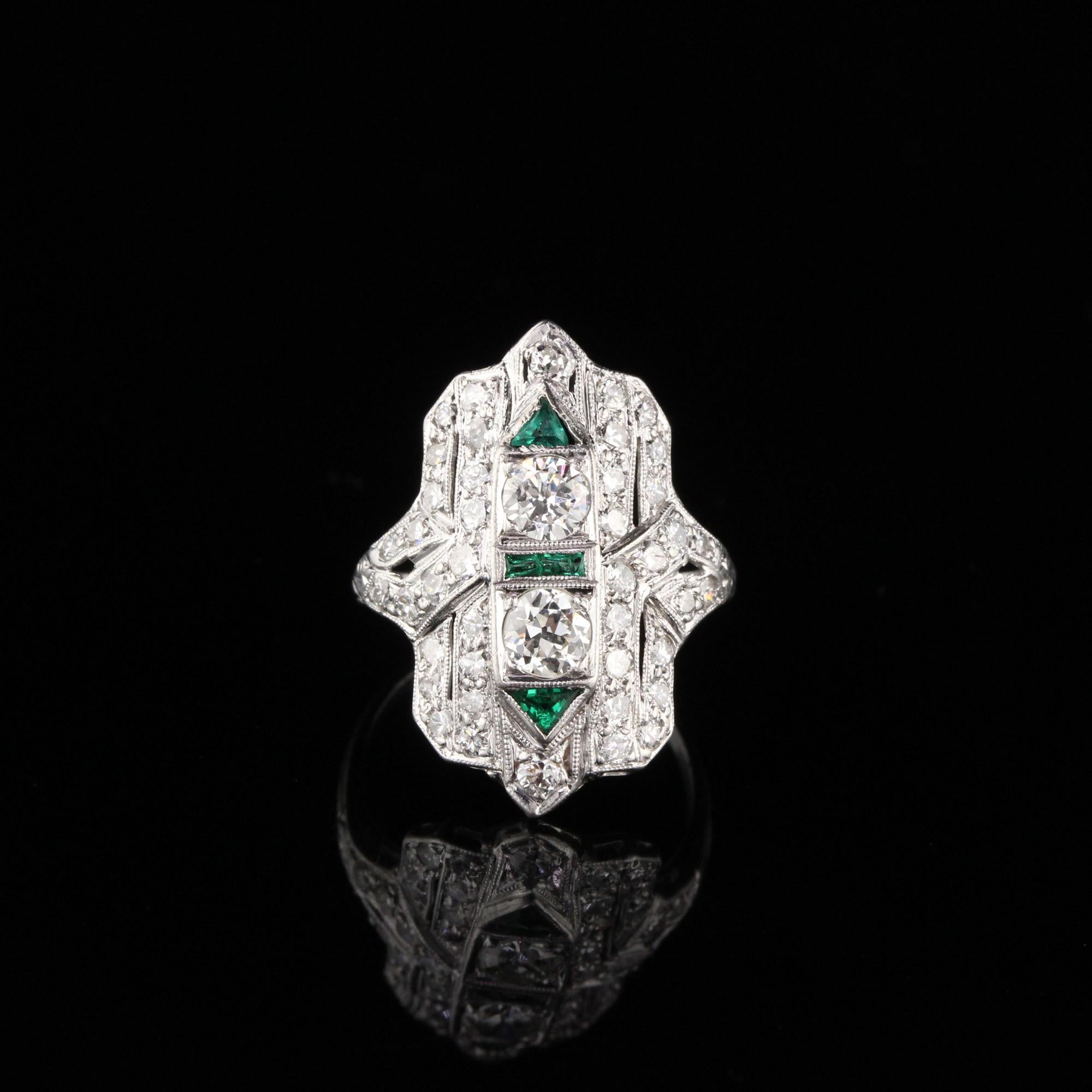 Old European Cut Antique Art Deco Platinum Old Euro Cut Diamond and Emerald Shield Ring