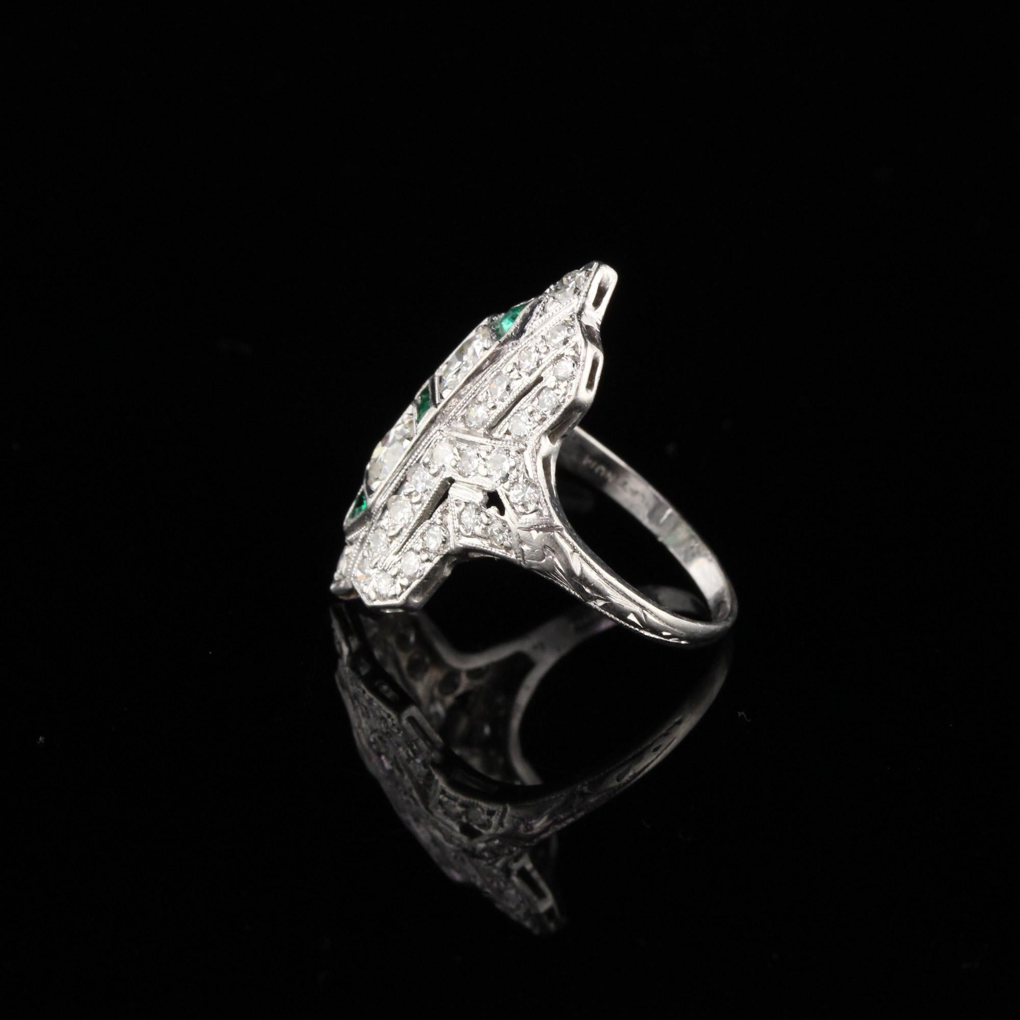 Antique Art Deco Platinum Old Euro Cut Diamond and Emerald Shield Ring In Good Condition In Great Neck, NY