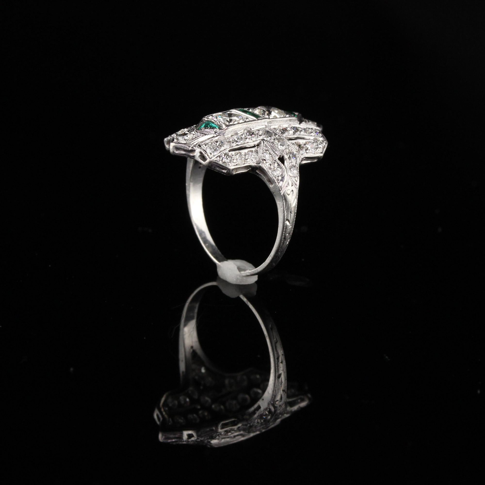 Women's Antique Art Deco Platinum Old Euro Cut Diamond and Emerald Shield Ring