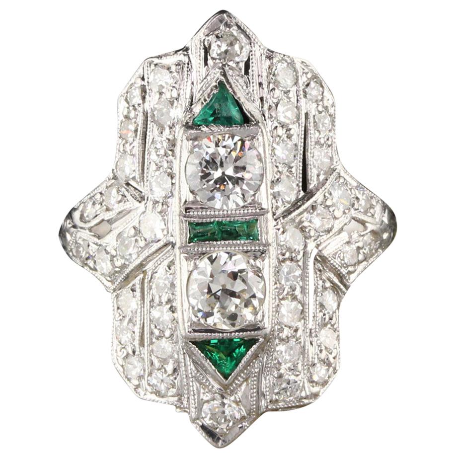 Antique Art Deco Platinum Old Euro Cut Diamond and Emerald Shield Ring