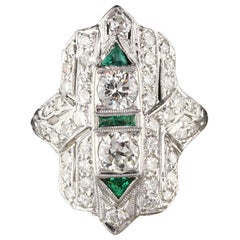 Antique Art Deco Platinum Old Euro Cut Diamond and Emerald Shield Ring