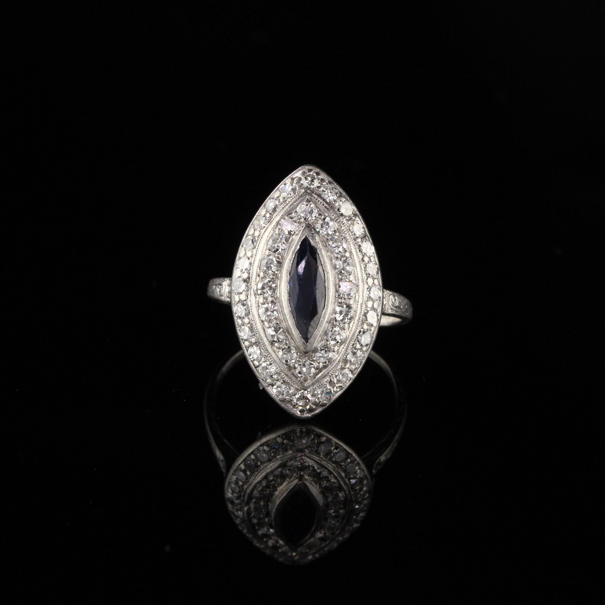 Old European Cut Antique Art Deco Platinum Old Euro Cut Diamond and Sapphire Shield Ring For Sale