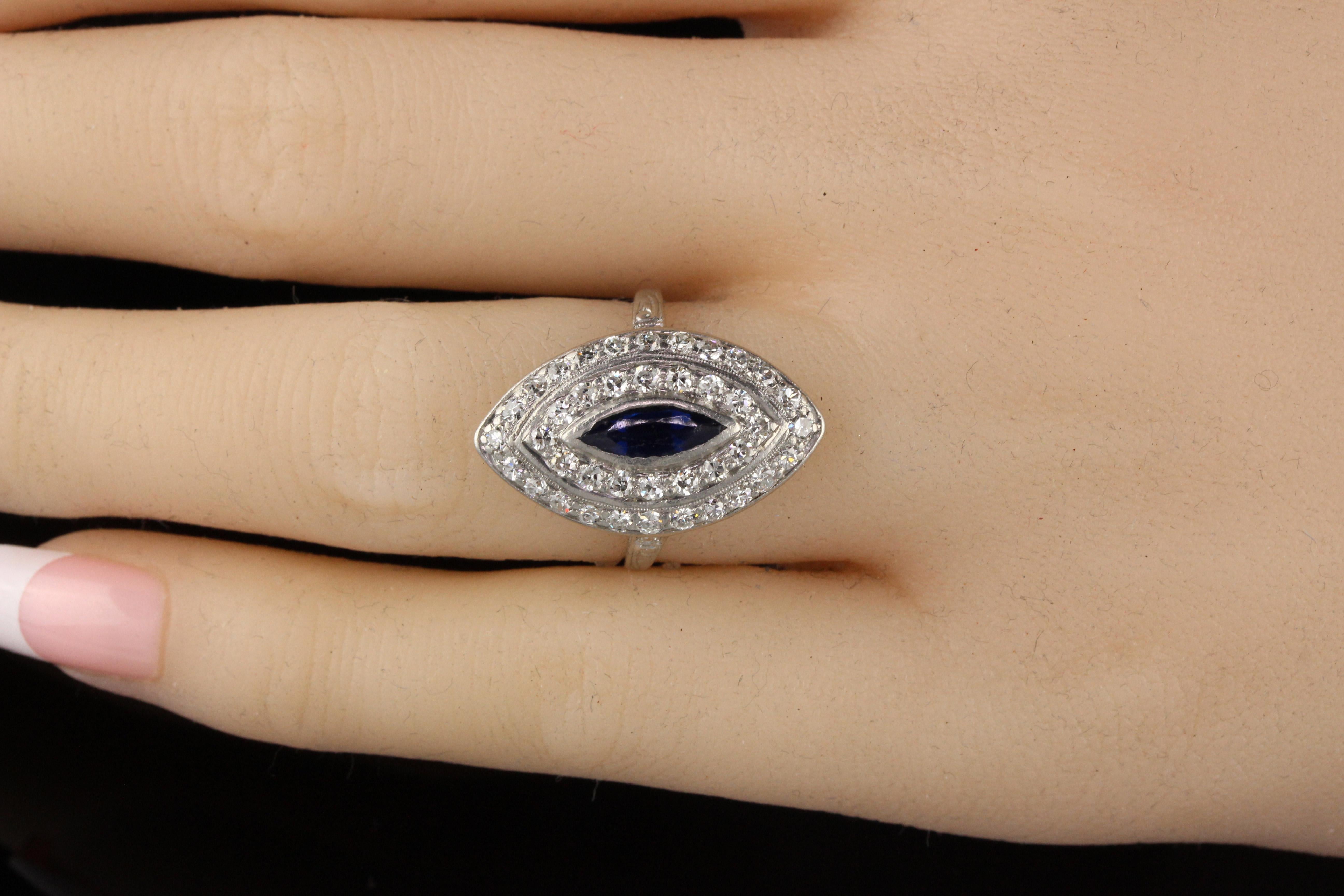 Antique Art Deco Platinum Old Euro Cut Diamond and Sapphire Shield Ring For Sale 2