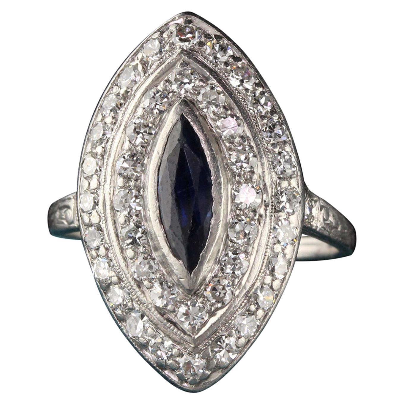 Antique Art Deco Platinum Old Euro Cut Diamond and Sapphire Shield Ring For Sale