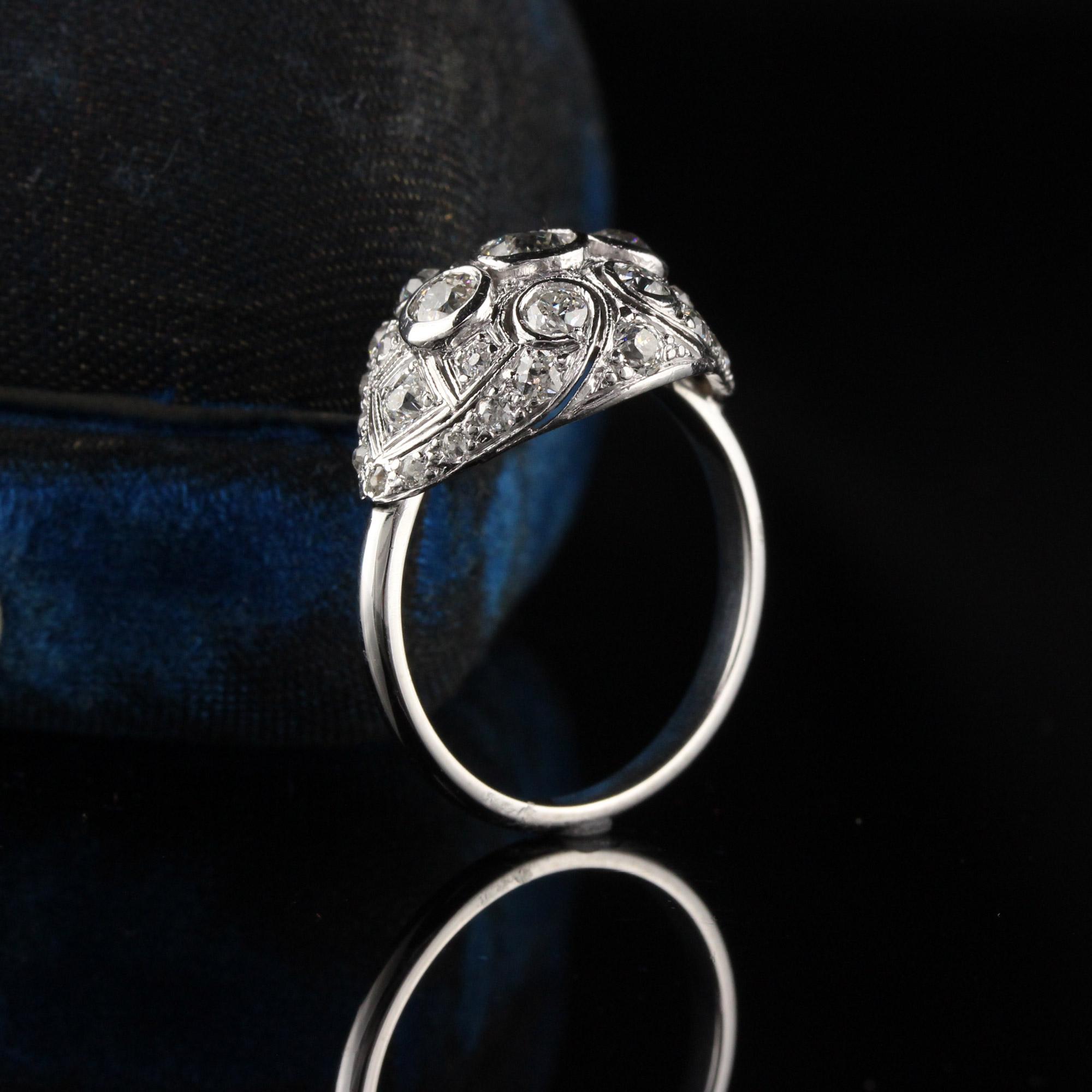 Gorgeous antique platinum engagement ring with old european cut diamonds. 

Item #R0561

Metal: Platinum 

Weight: 5.3 Grams

Total Diamond Weight: Approximately 1.00 cts

Diamond Color: H

Diamond Clarity: VS2

Ring Size: 6.5 

This ring can be