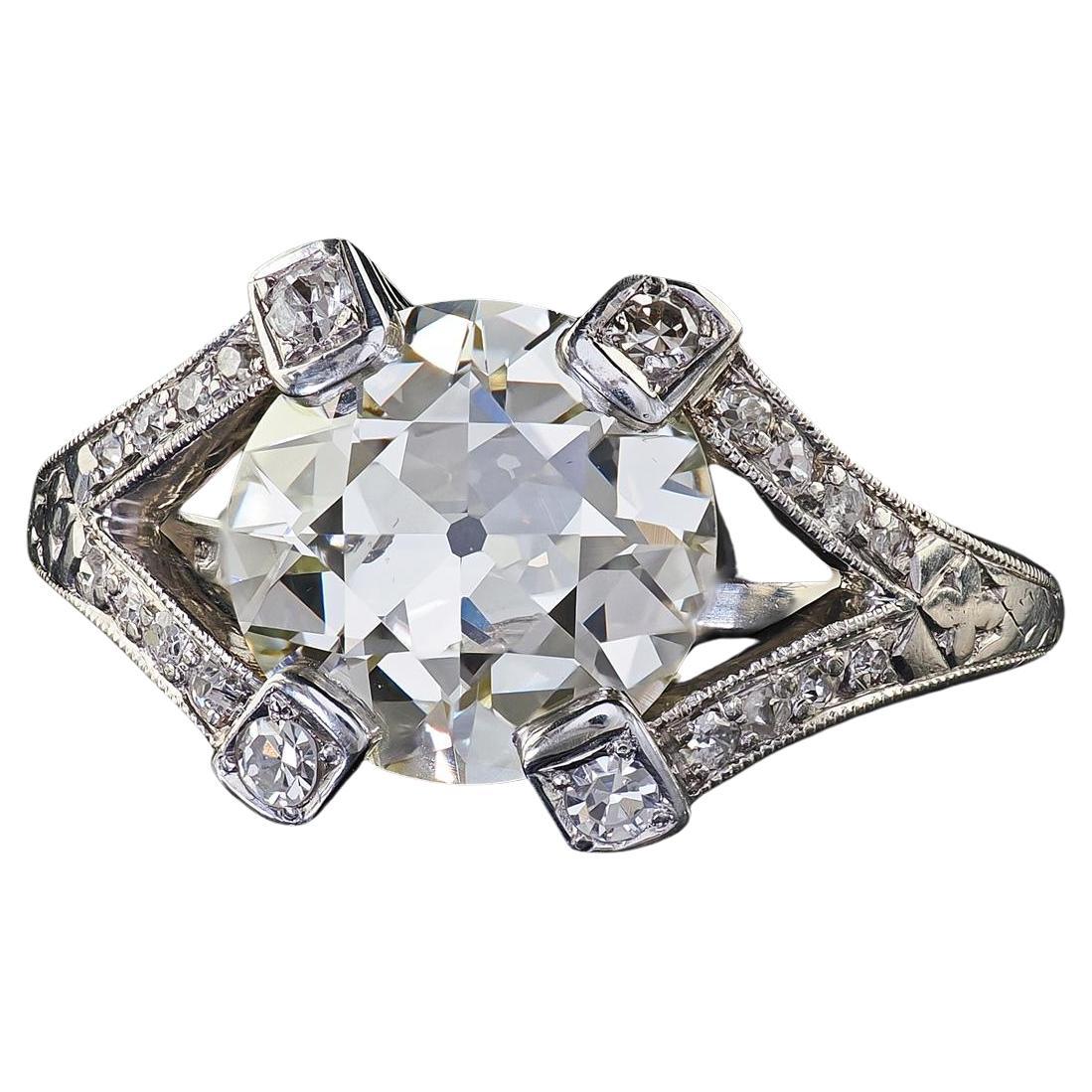 Anello di fidanzamento in platino Art Deco antico con diamanti a filigrana - GIA