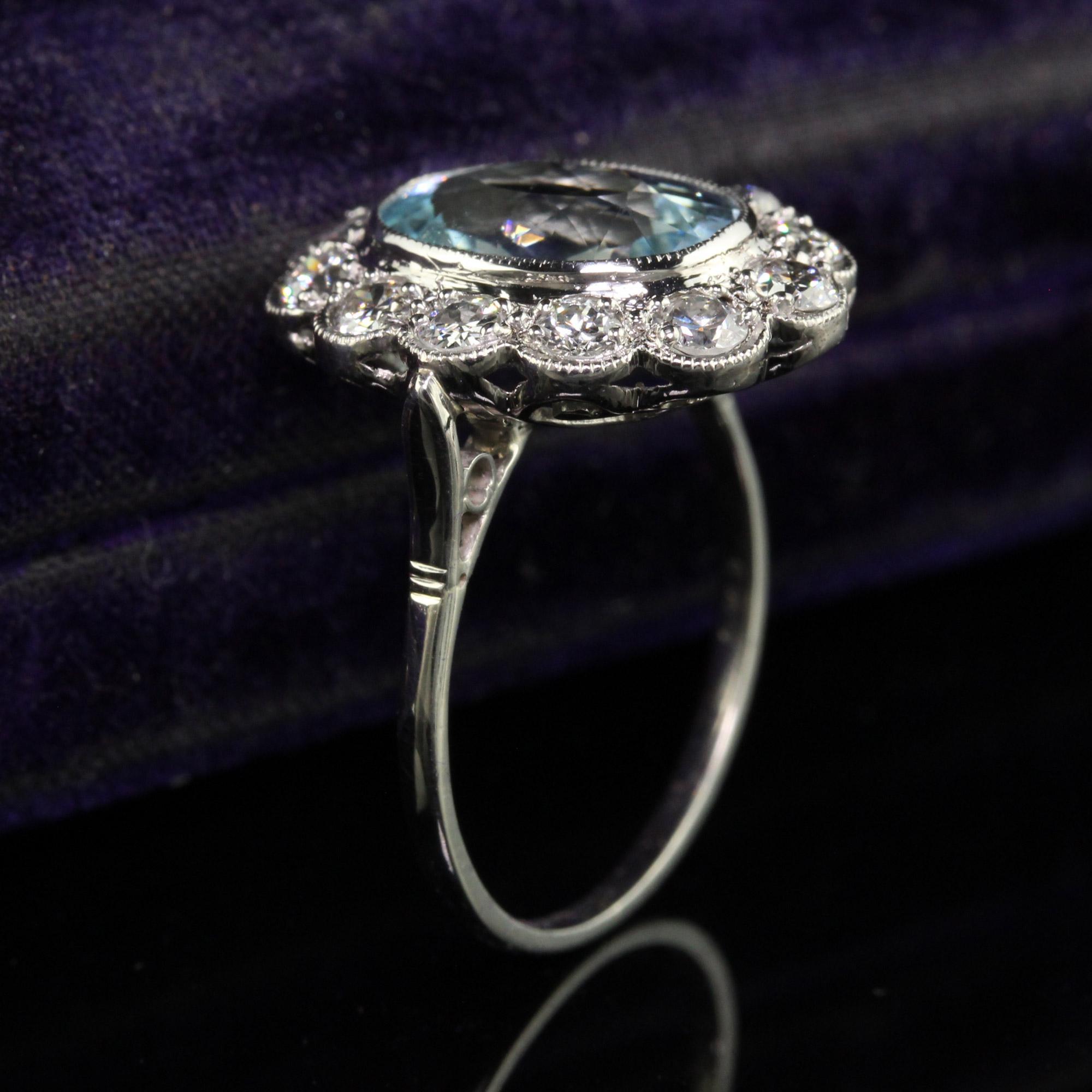 Old European Cut Antique Art Deco Platinum Old Euro Diamond and Aquamarine Engagement Ring For Sale