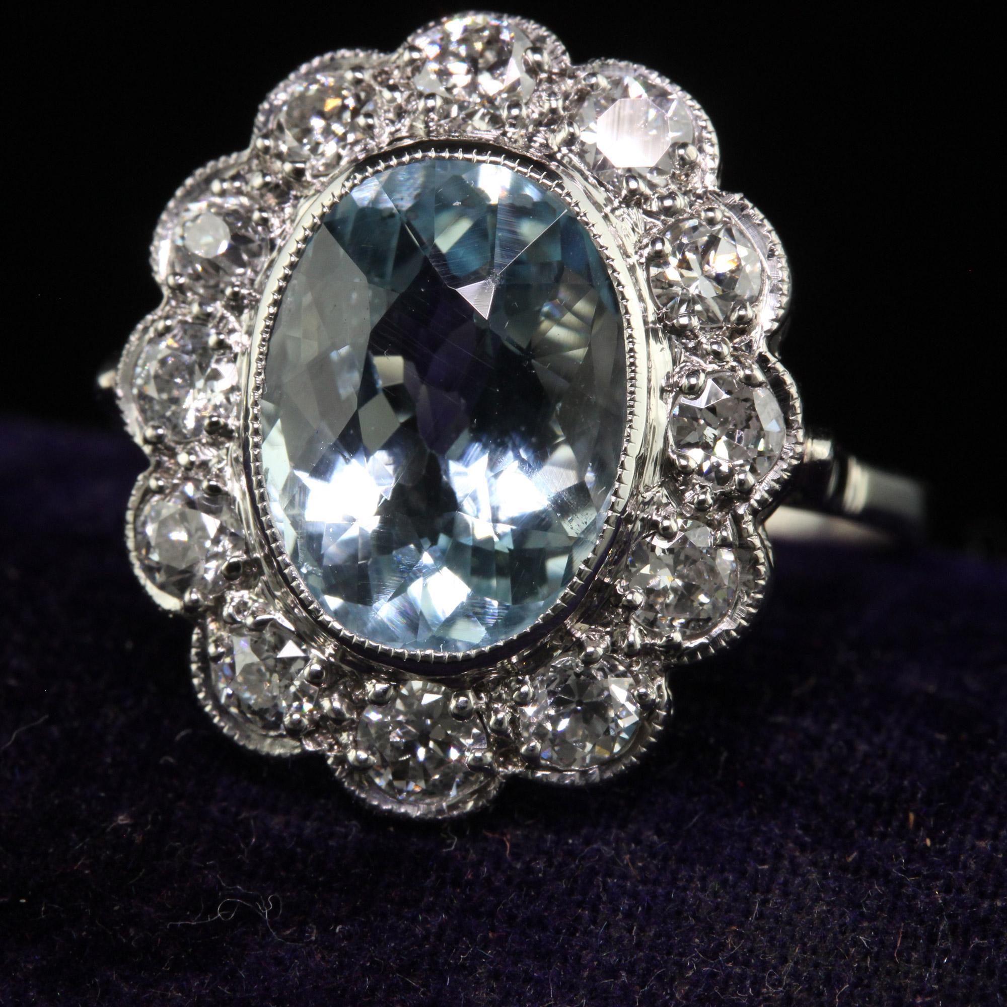 Antique Art Deco Platinum Old Euro Diamond and Aquamarine Engagement Ring In Good Condition For Sale In Great Neck, NY
