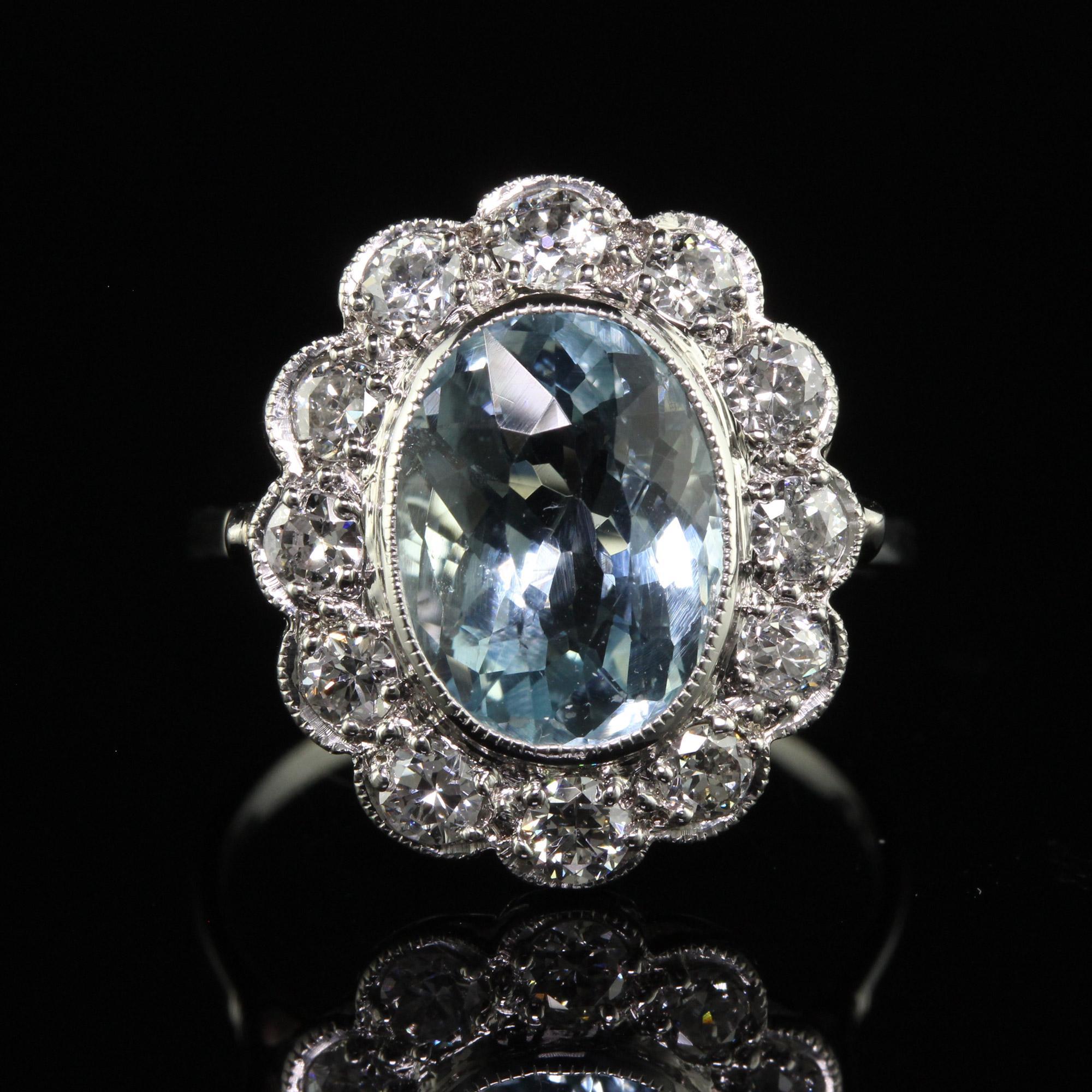 Women's Antique Art Deco Platinum Old Euro Diamond and Aquamarine Engagement Ring For Sale
