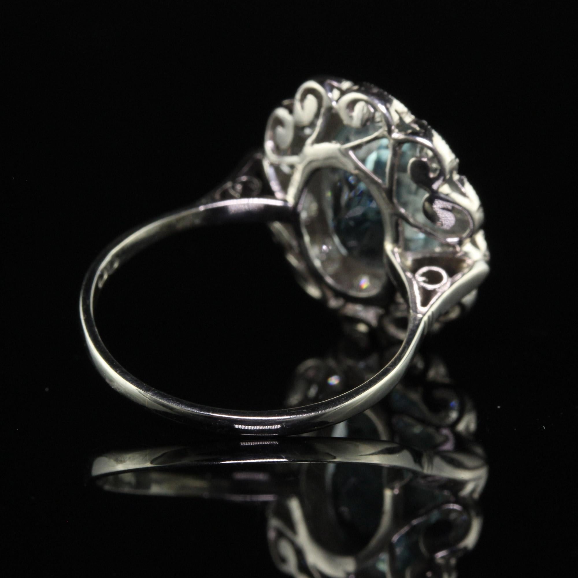 Antique Art Deco Platinum Old Euro Diamond and Aquamarine Engagement Ring For Sale 1