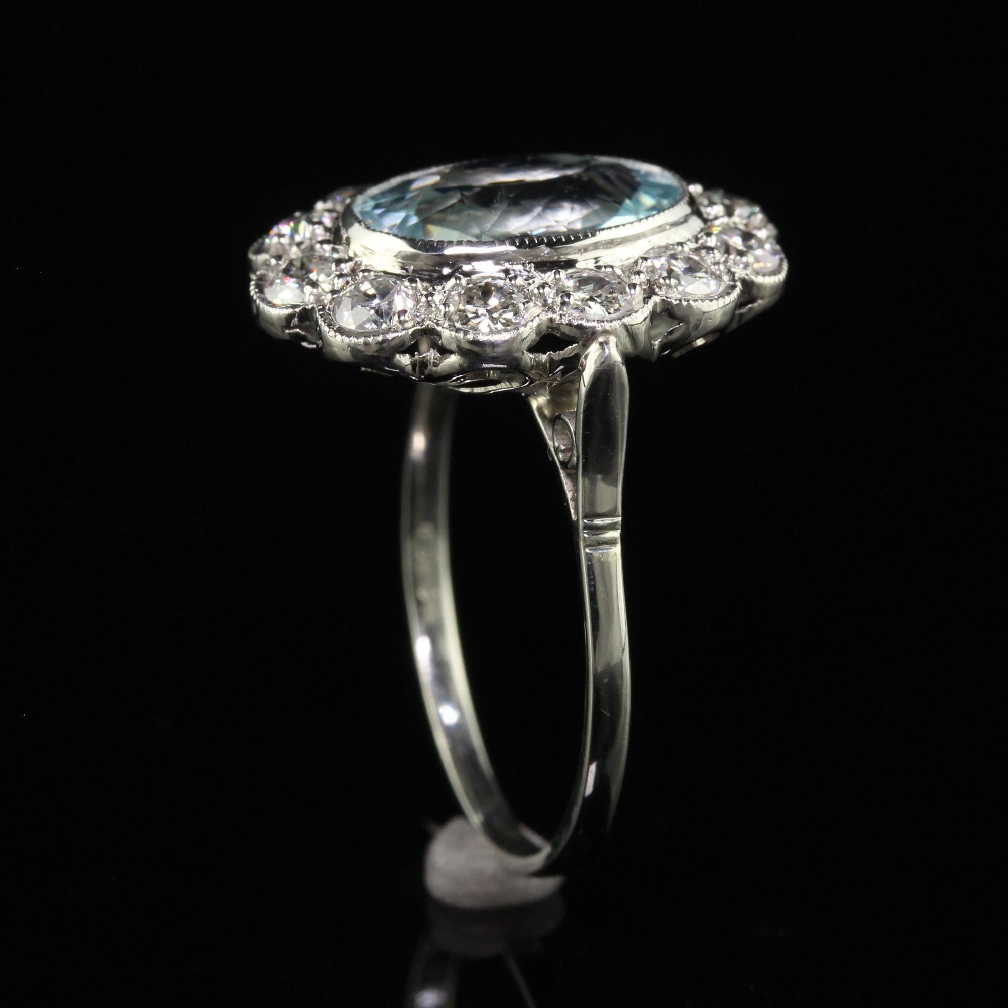 Antique Art Deco Platinum Old Euro Diamond and Aquamarine Engagement Ring For Sale 2