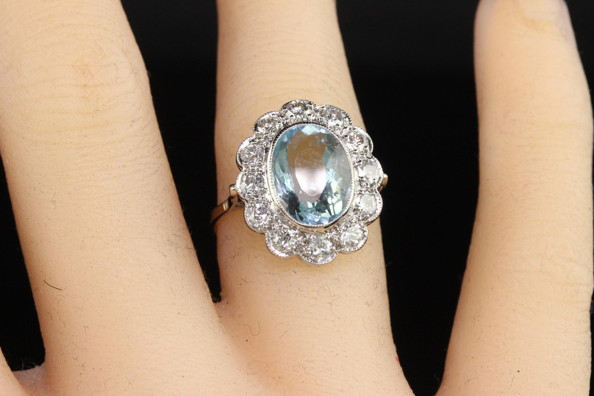 Antique Art Deco Platinum Old Euro Diamond and Aquamarine Engagement Ring For Sale 3