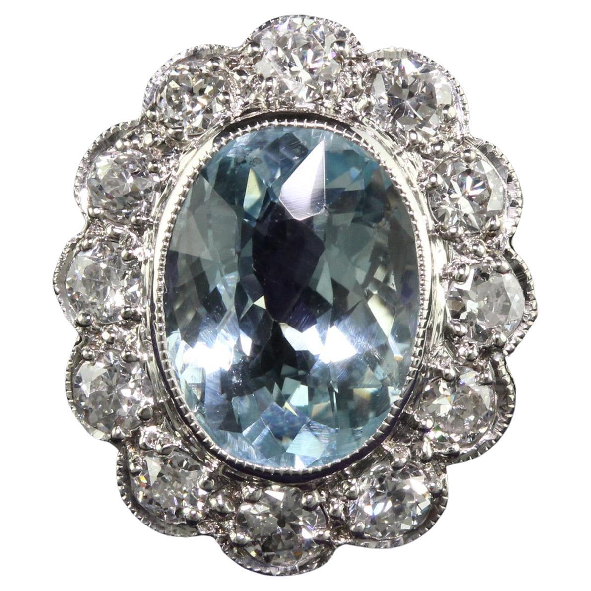 Antique Art Deco Platinum Old Euro Diamond and Aquamarine Engagement Ring For Sale