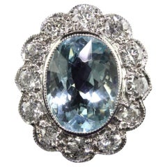 Antique Art Deco Platinum Old Euro Diamond and Aquamarine Engagement Ring