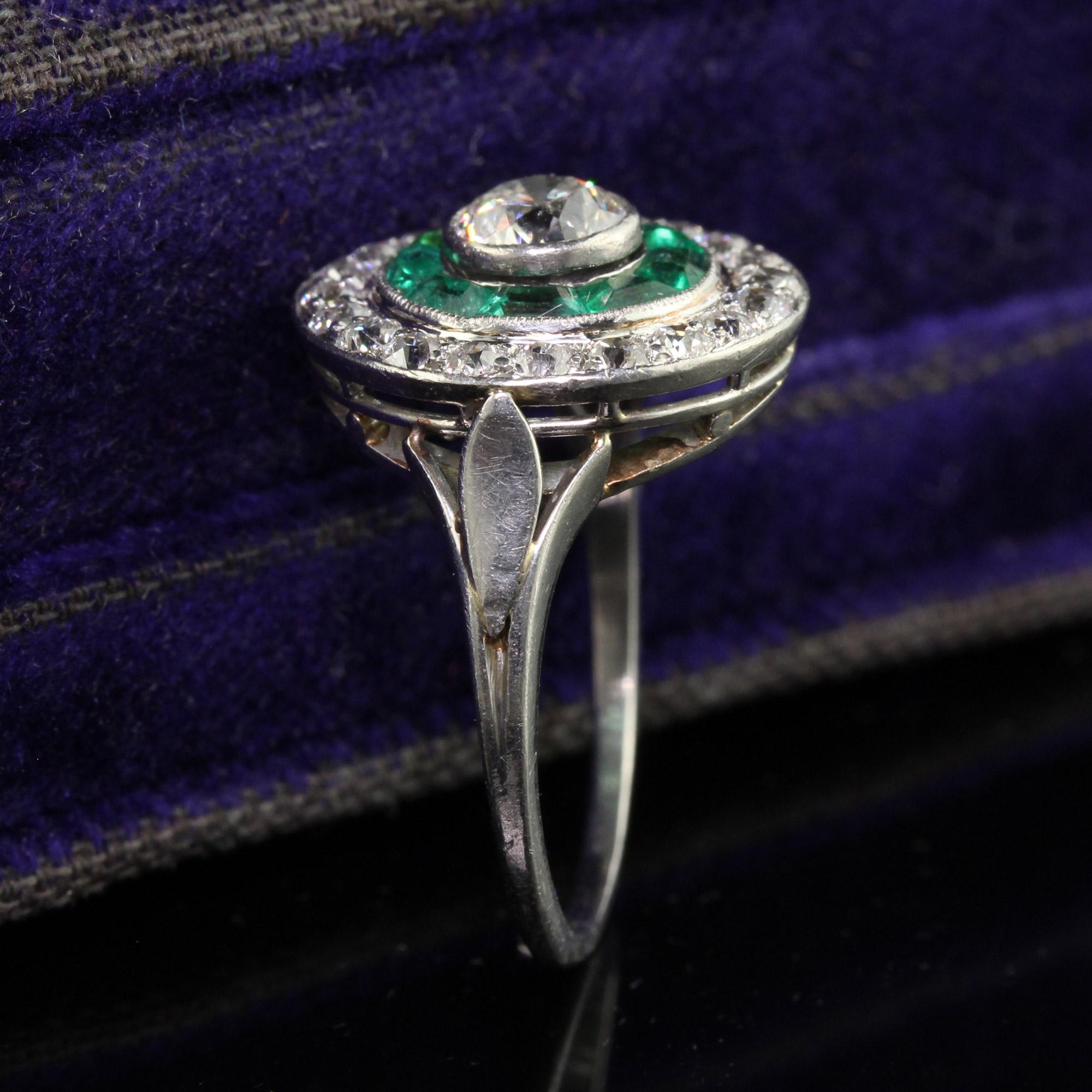 Old European Cut Antique Art Deco Platinum Old Euro Diamond and Emerald Engagement Ring For Sale