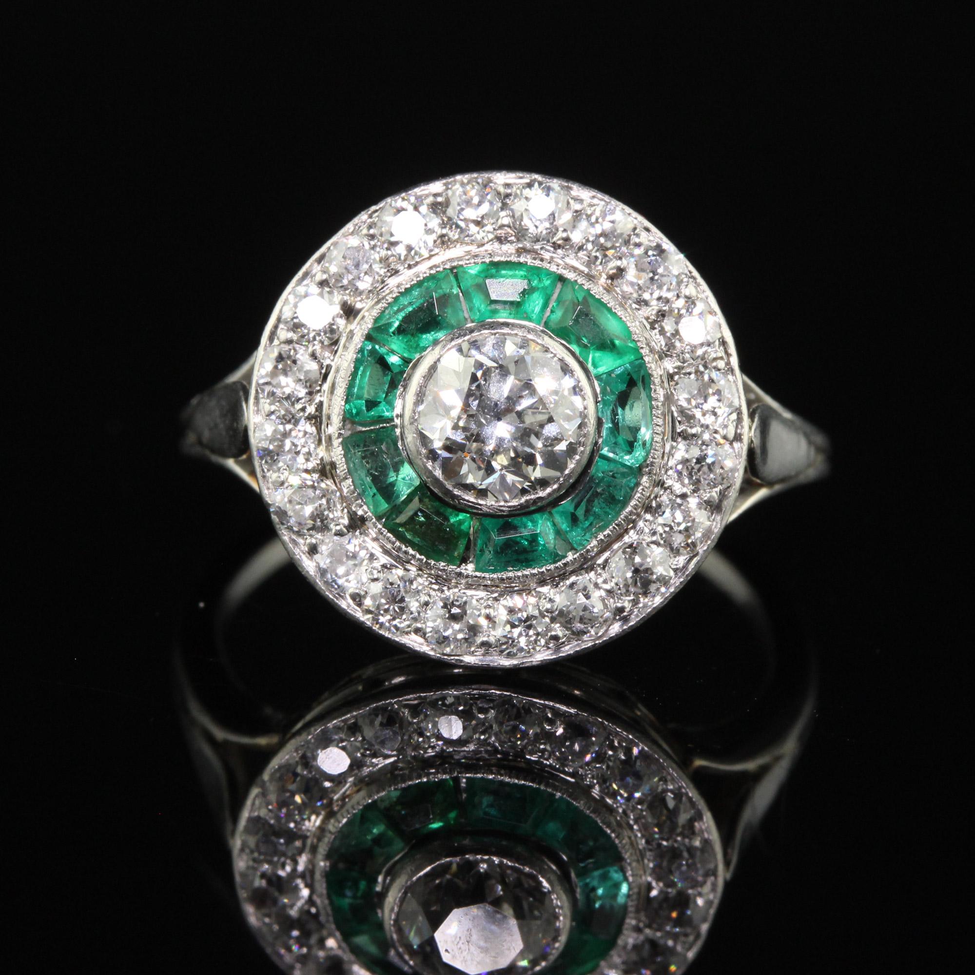 Antique Art Deco Platinum Old Euro Diamond and Emerald Engagement Ring In Good Condition For Sale In Great Neck, NY