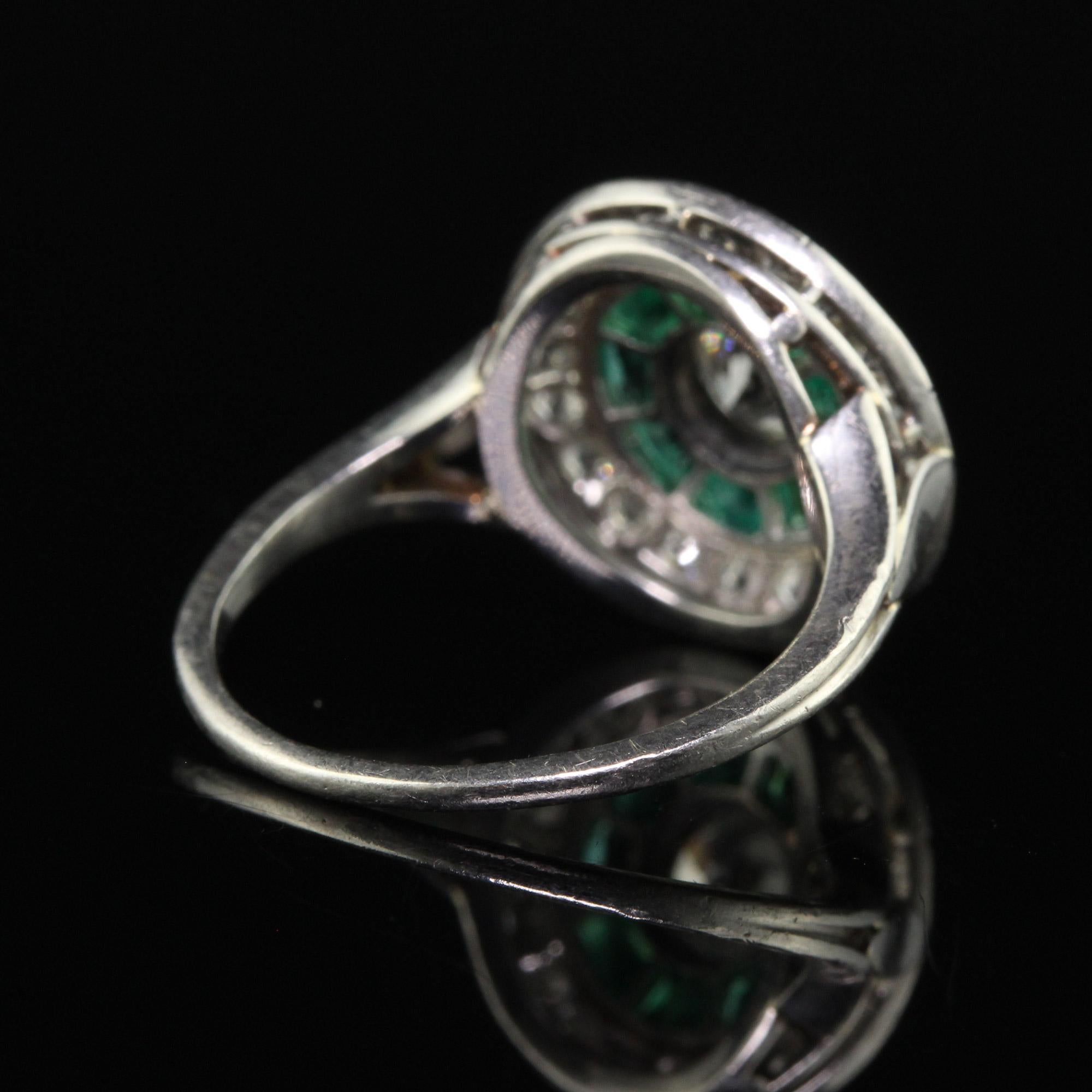 Women's Antique Art Deco Platinum Old Euro Diamond and Emerald Engagement Ring For Sale